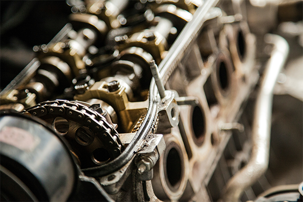 Close-up of engine components, Precision engineering with chain and valve system