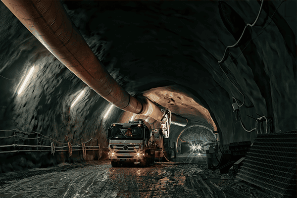 Underground tunnel construction with machinery, durable hoses in use