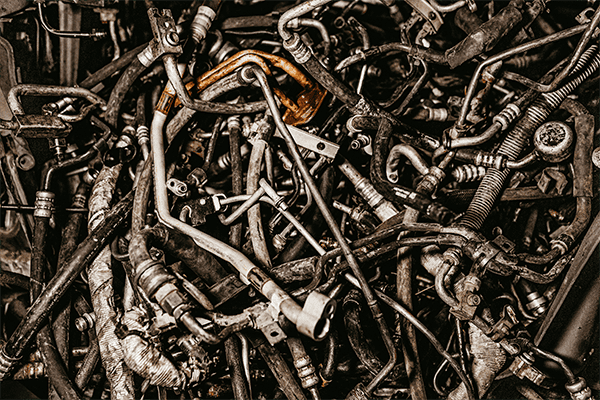 Close-up of hydraulic hoses with fittings, high-pressure hose connections